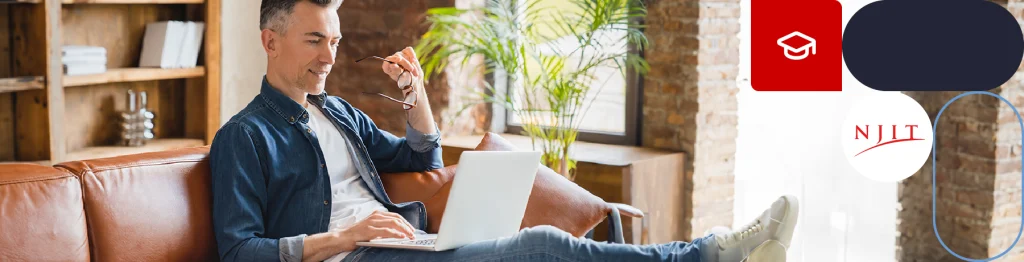 Person with a laptop and glasses sitting on a brown couch